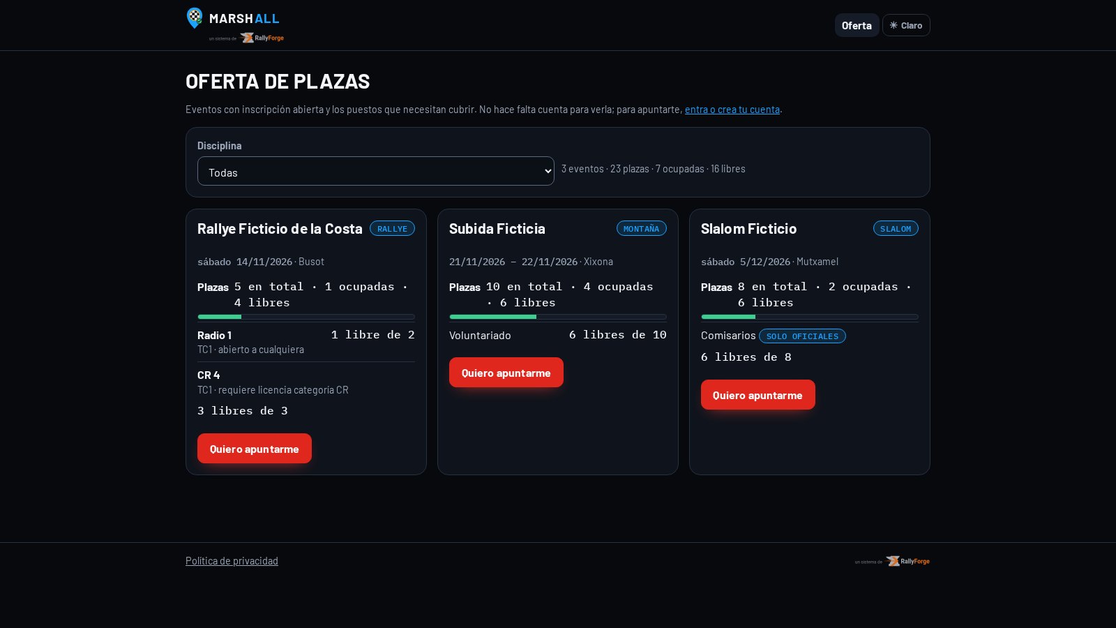 Oferta pública de plazas de un evento ficticio, sin necesidad de cuenta