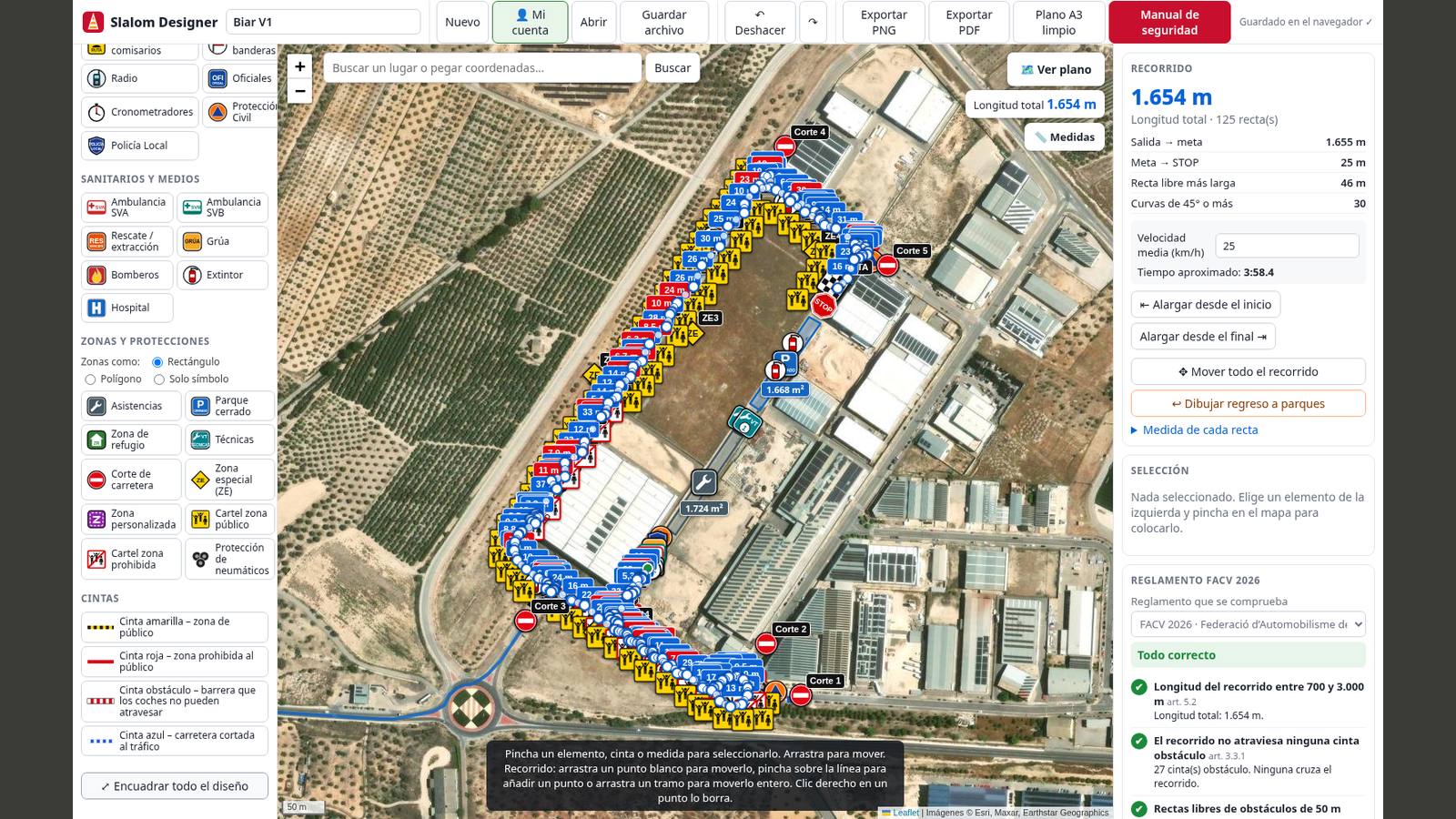 Circuito Biar V1, I Slalom Les Claus del Regne, 1.654 m, en el editor sobre mapa satélite: cumple el reglamento FACV 2026