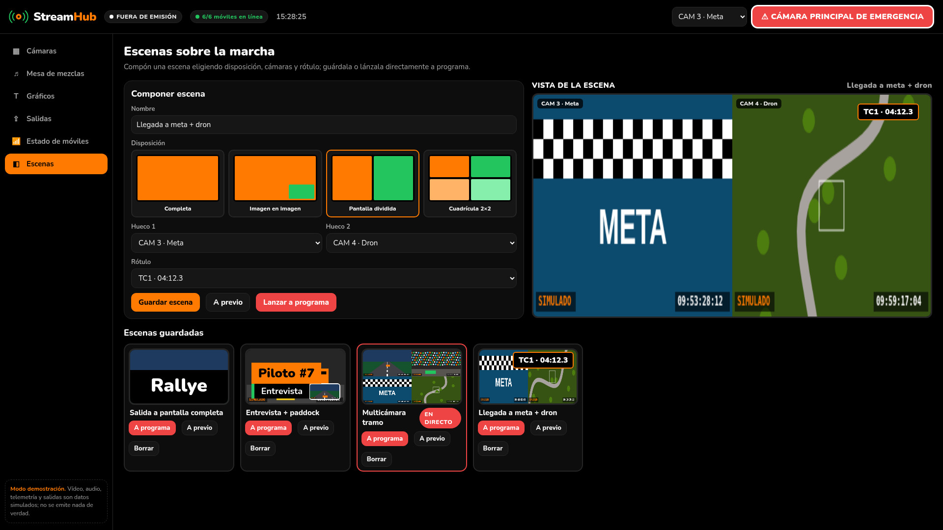 Selector de escenas y botón rojo de emergencia