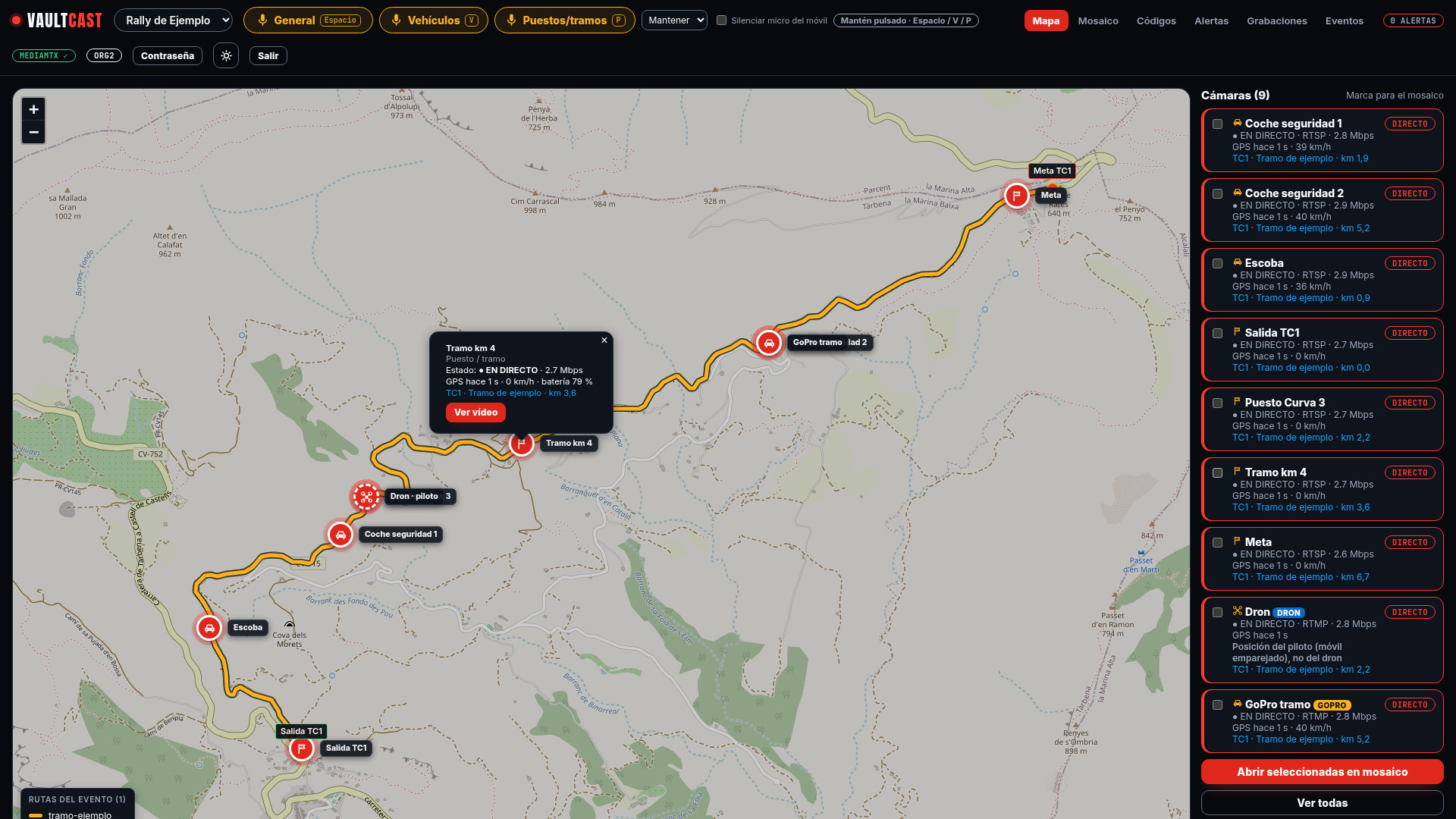 Mapa del recorrido (KMZ) con la posición GPS de las cámaras
