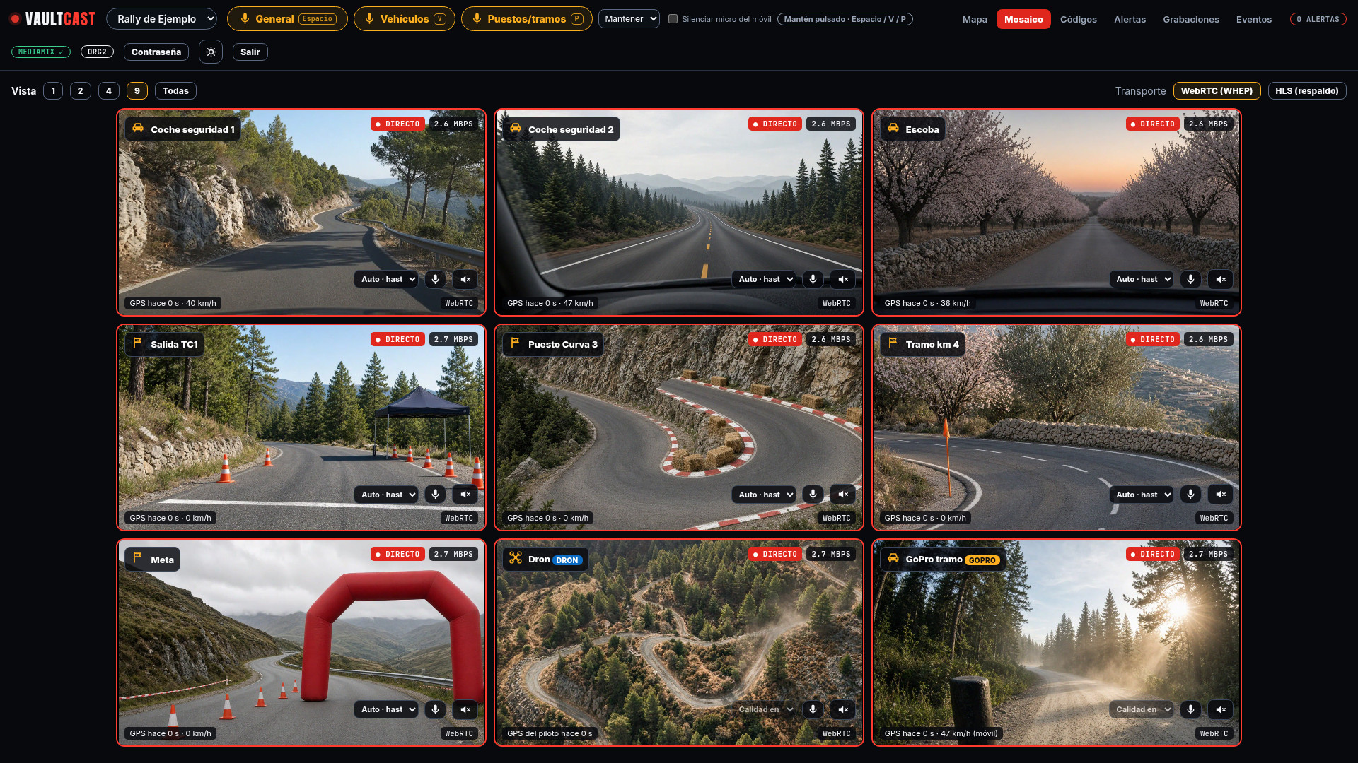 Panel de dirección de carrera con el mosaico de cámaras en directo